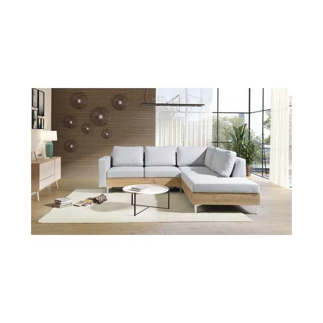 Ergonomiška kampinė sofa su mediniu rėmu ir minkštais pagalvėmis