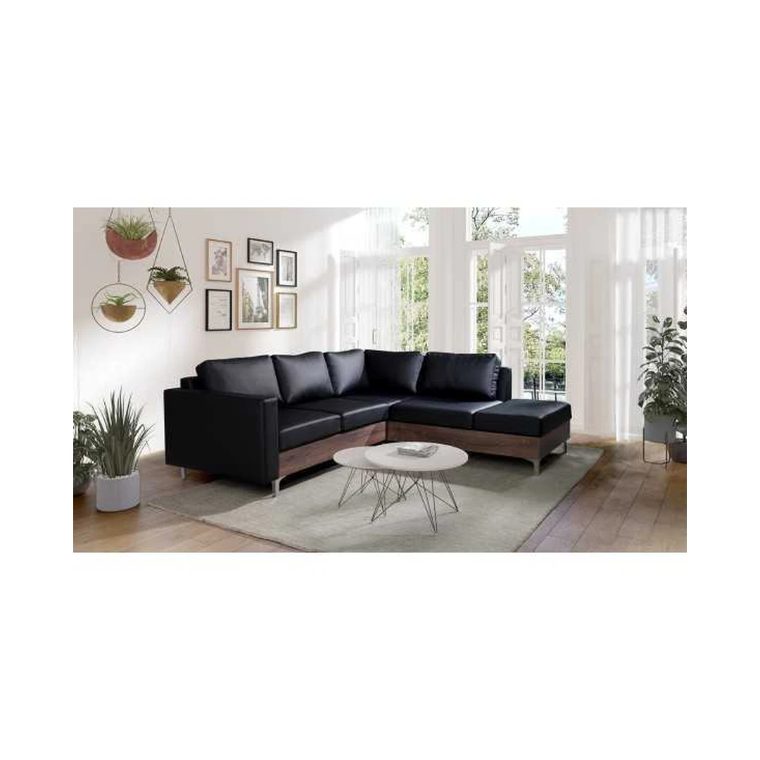 Ergonomiška kampinė sofa su minkštu audiniu ir ąžuolo dekoro