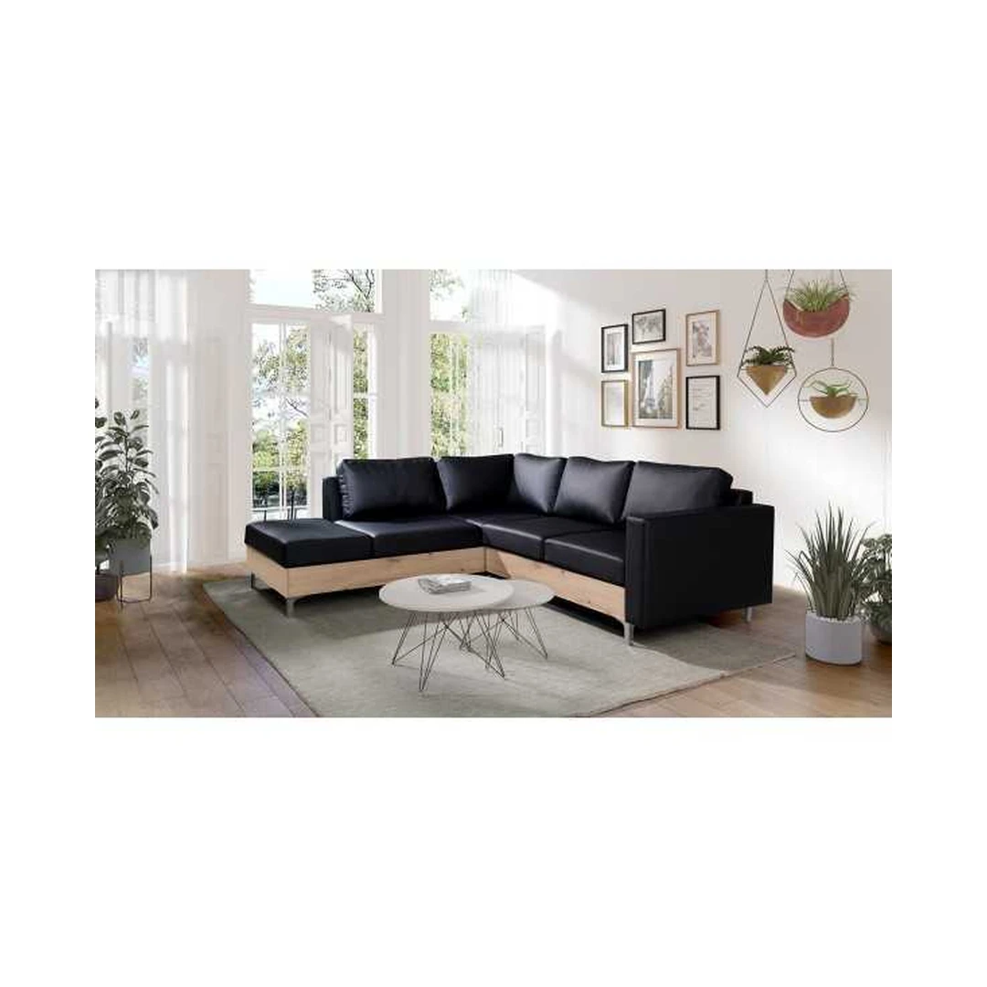 Erdvus kampinis sofos komplektas su minkštu audiniu ir ąžuolo dekoru