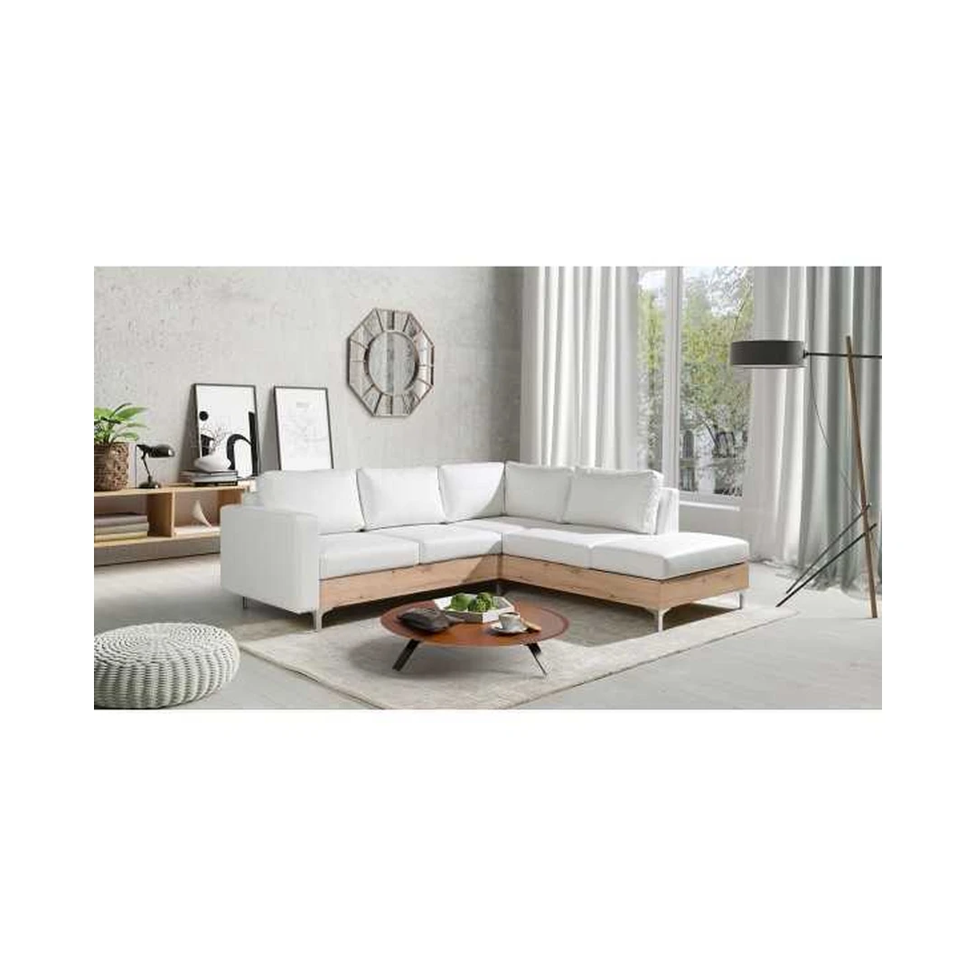 Ergonomiška kampinė sofa su minkštu audiniu ir ąžuolo dekoro