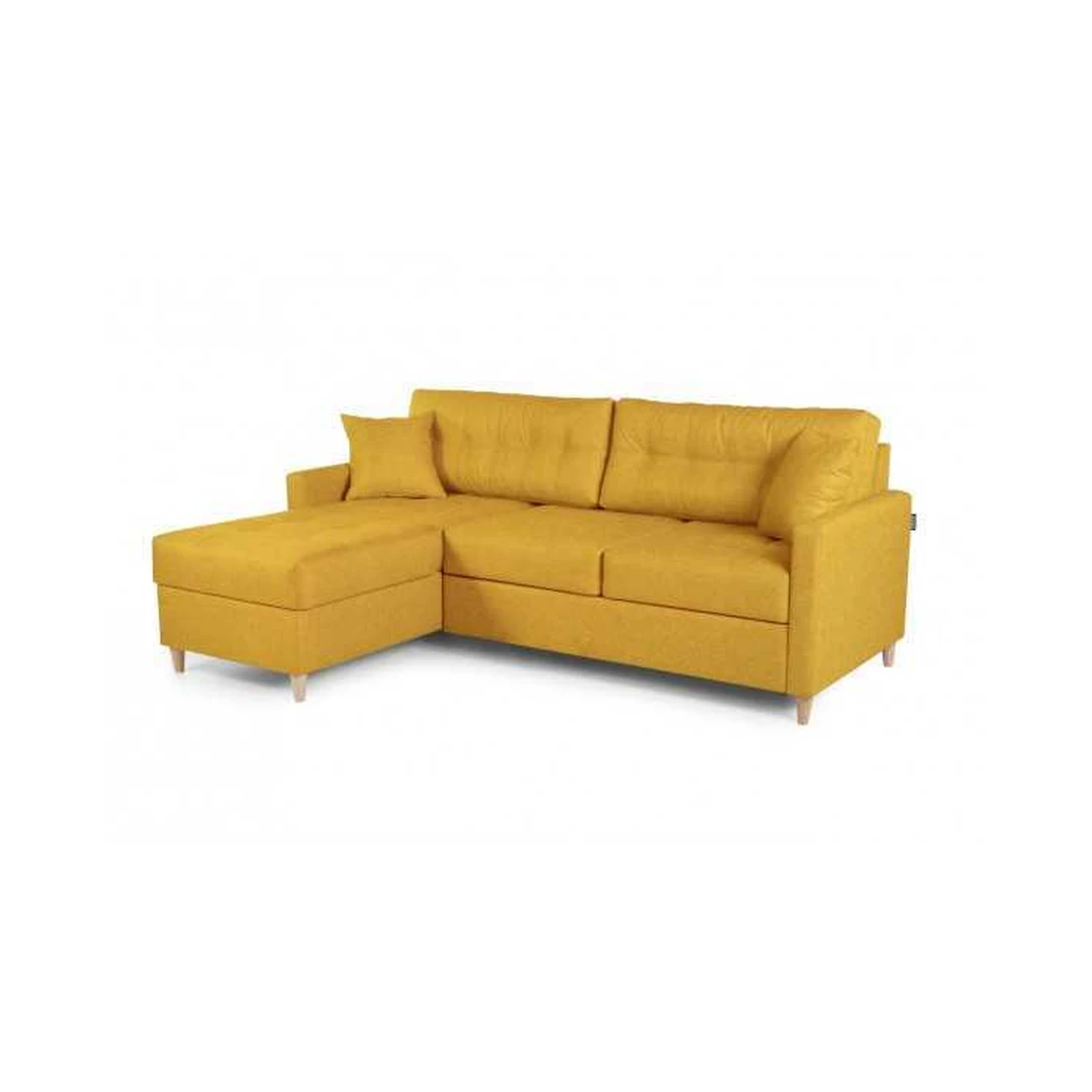 Ergonominė kampinė sofa su miego funkcija ir patalynės konteineriu