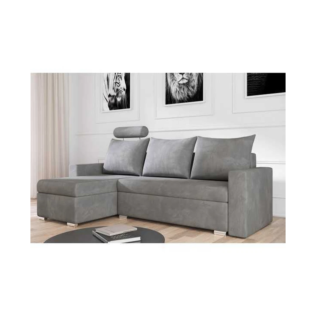 Kampinė sofos lova su miego funkcija ir patalynės konteineriu