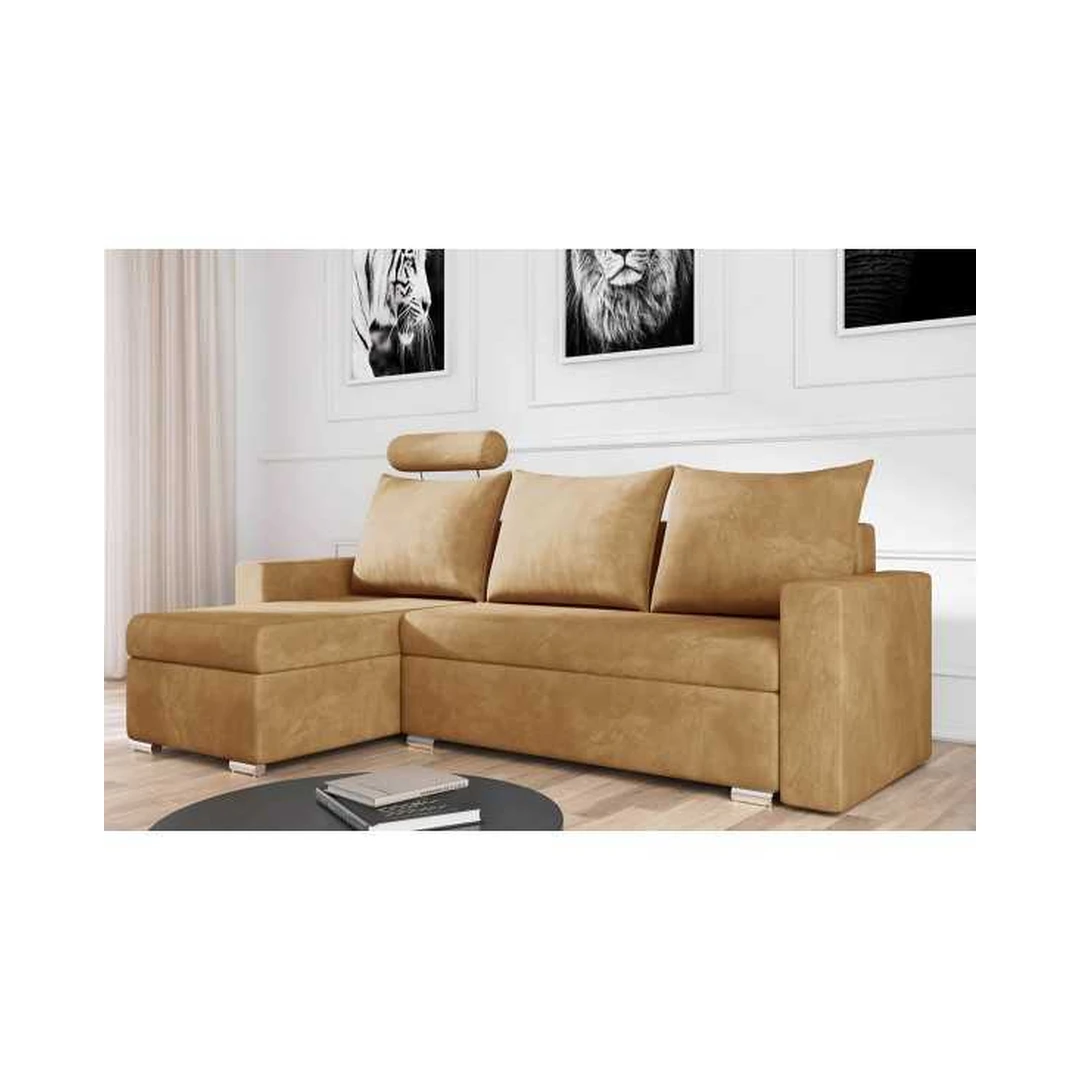 Kampinė sofė su miego funkcija ir laisvai pastatoma nugarėle