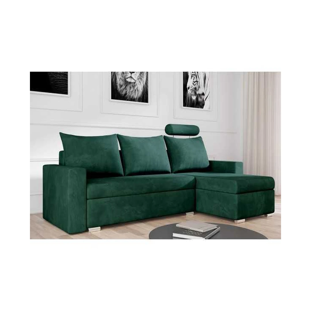 Kampinė sofos lova su miego funkcija ir patalynės konteineriu