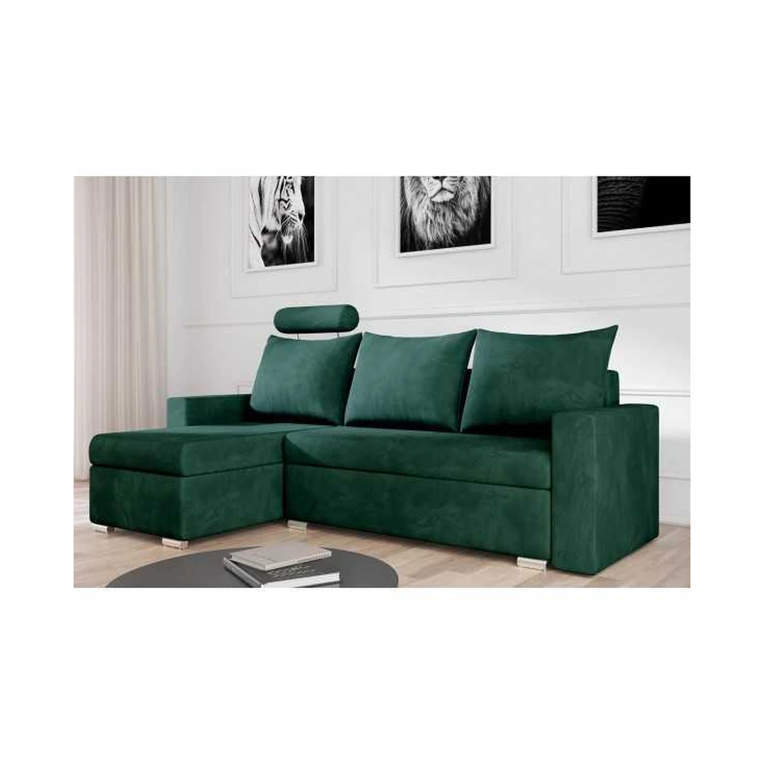 Kampinė sofa su miego funkcija ir patalynės konteineriu