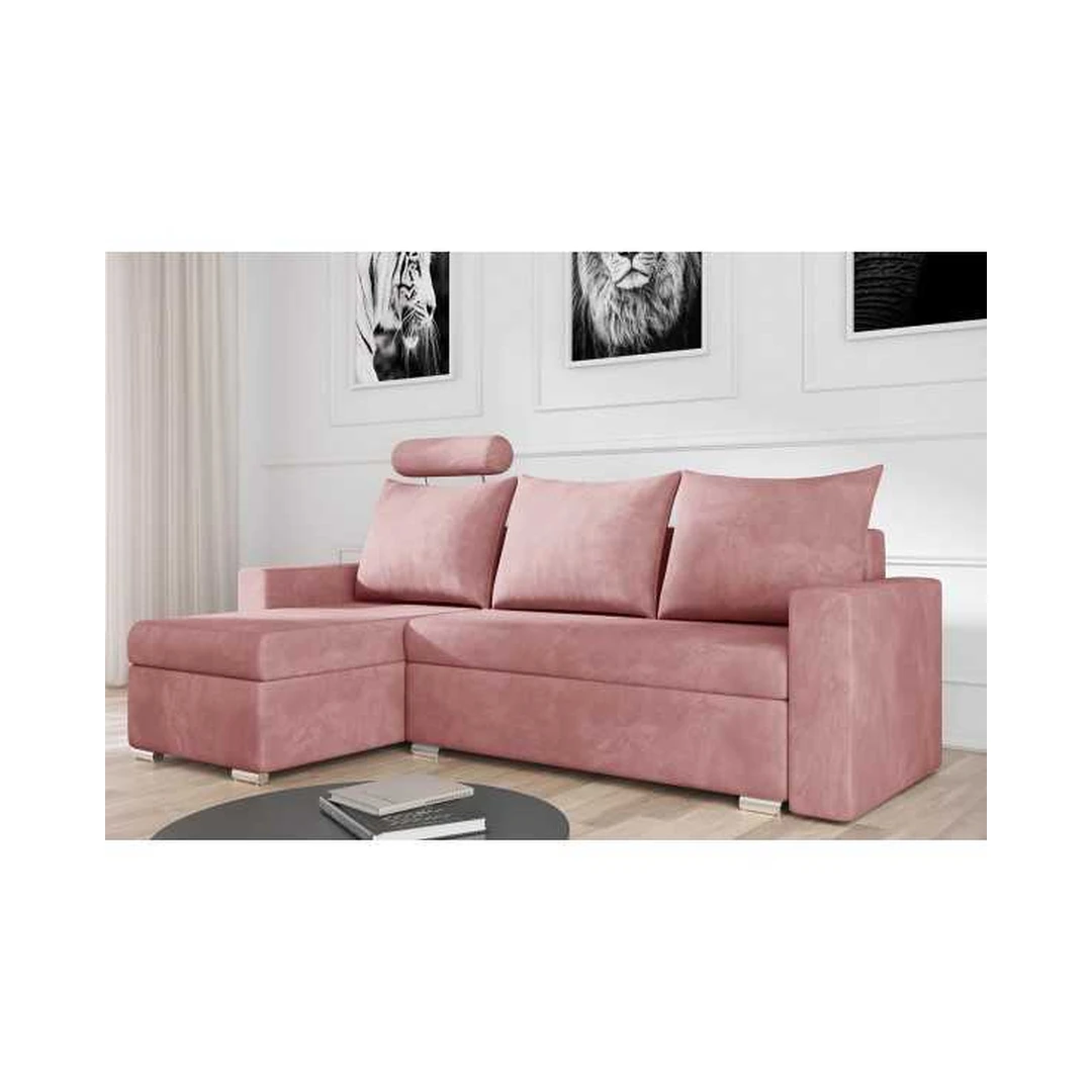 Kampinė sofė su miego funkcija ir patalynės konteineriu