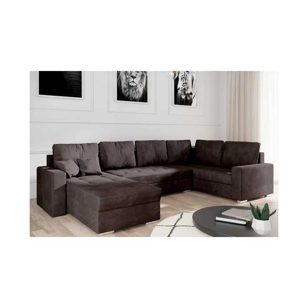 Ergonominė kampinė sofa su miego funkcija ir patalynės konteineriu