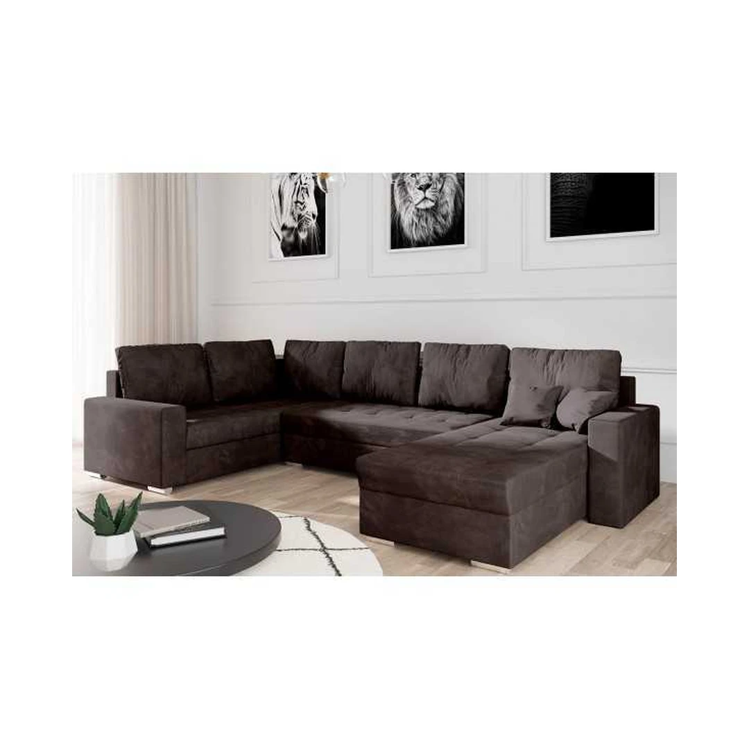 Ergonominė kampinė sofa su miego funkcija ir patalynės konteineriu