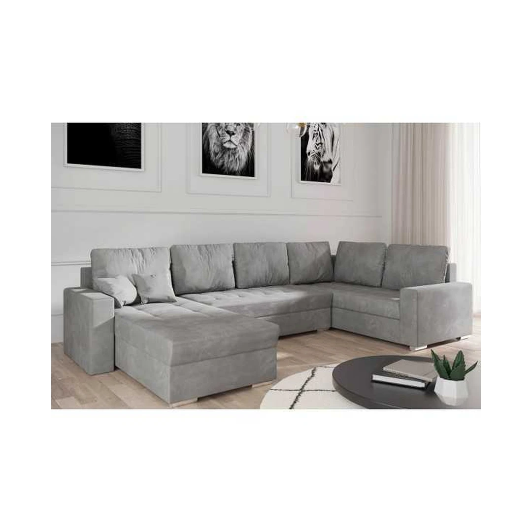 Ergonominė kampinė sofa su miego funkcija ir patalynės konteineriu
