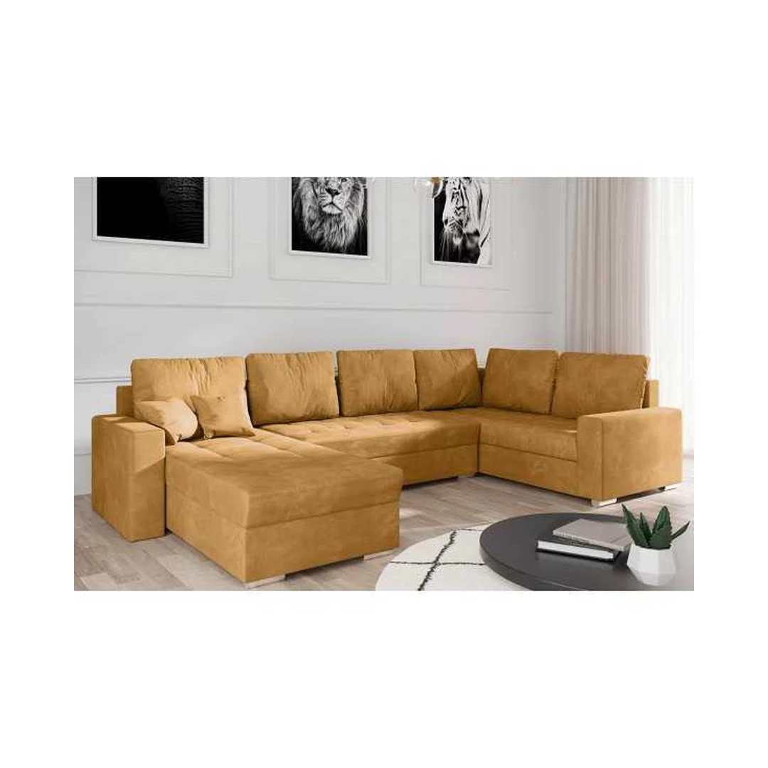 Kampinė sofos lova su miego funkcija ir patalynės konteineriu