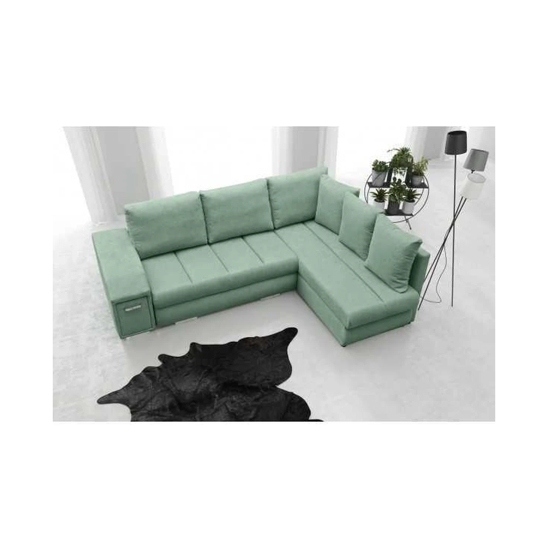 Kampinė sofė su miego funkcija ir patalynės konteineriais