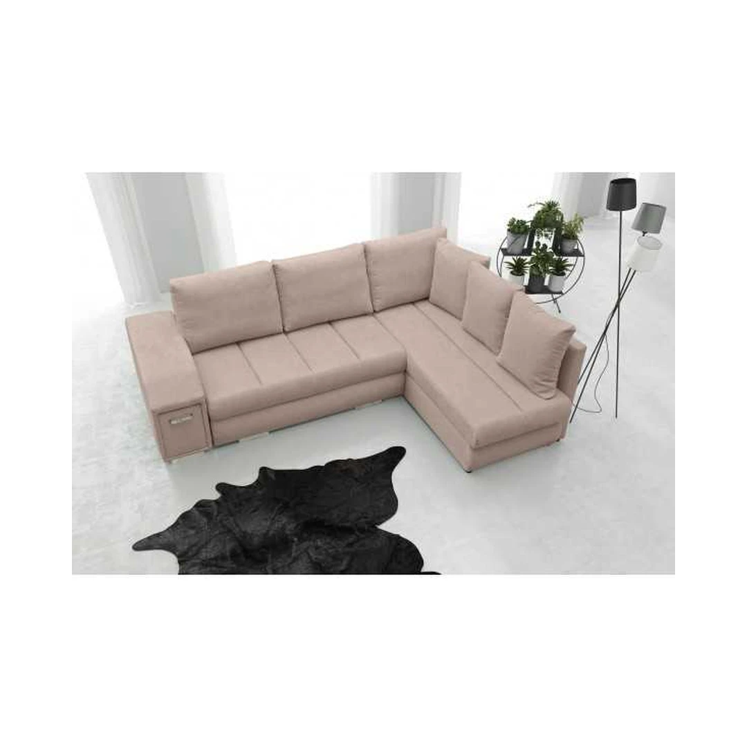 Kampinė sofė su miego funkcija ir patalynės konteineriais