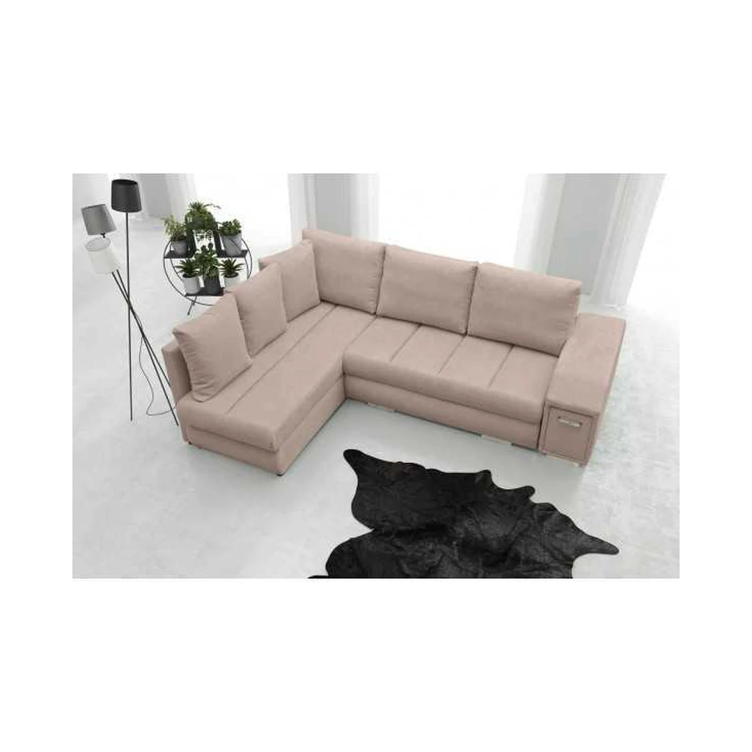 Kampinė sofė su miego funkcija ir patalynės konteineriais