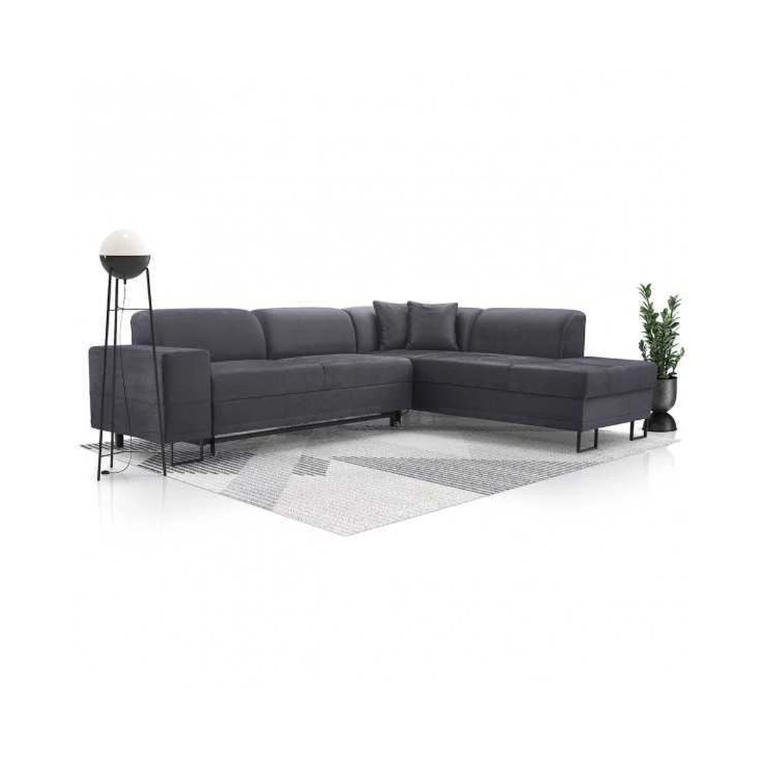 Kampinė sofos lova su miego funkcija ir patalynės konteineriu