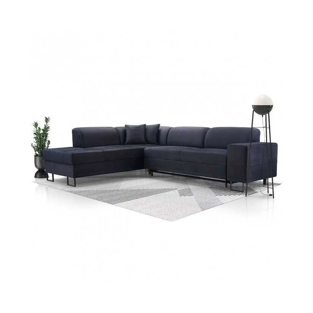 Kampinė sofos lova su miego funkcija ir patalynės konteineriu