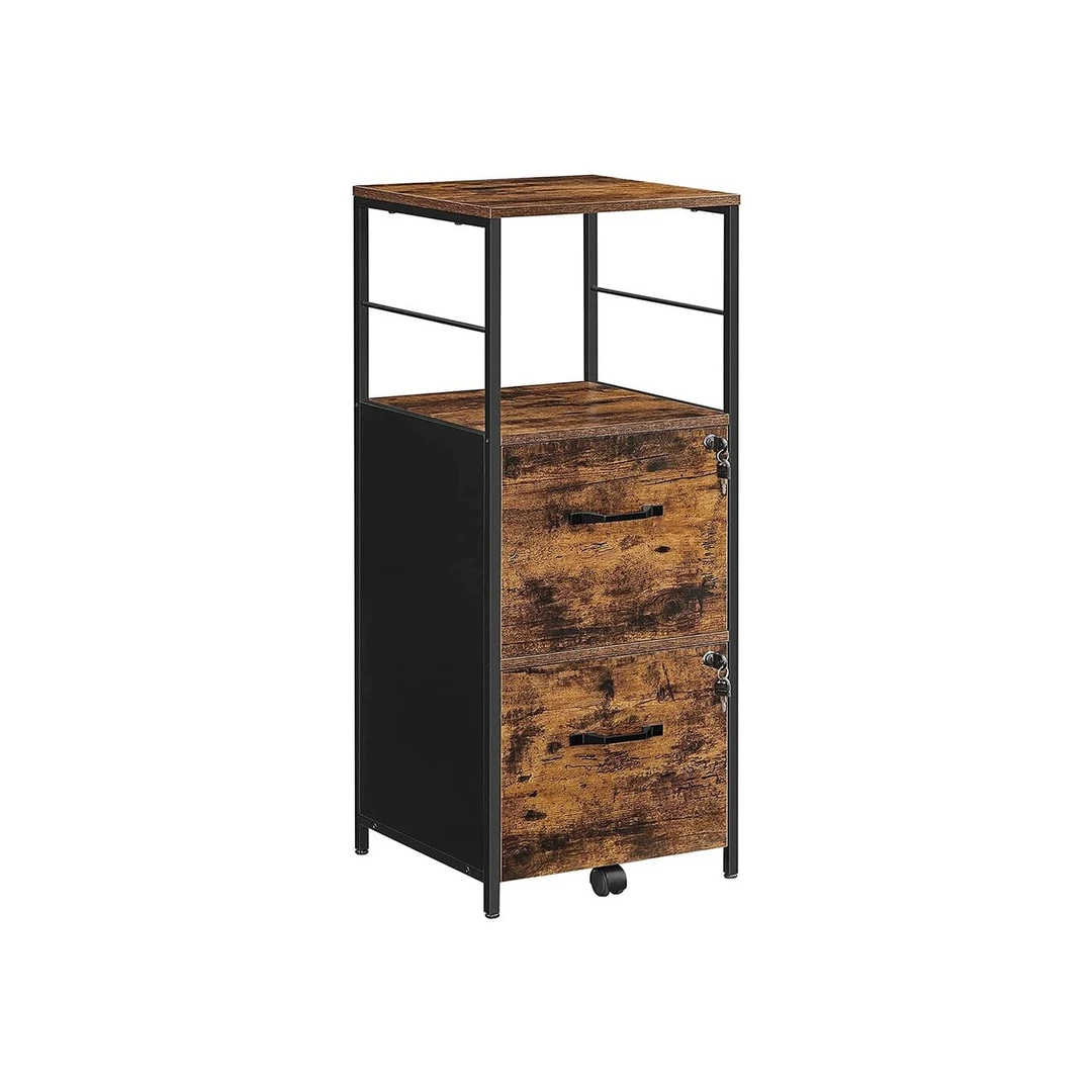 Vintažinė ruda-juoda kartoteka su plieno ir medžio drožlių plokštės konstrukcija