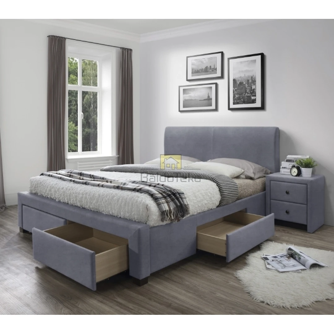 Pilka velvetinė lova su stalčiais ir grotelėmis