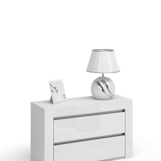Dviejų stalčių blizgi balta naktinė spintelė