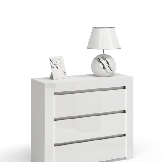 Trijų stalčių naktinė spintelė su blizgia balta apdaila