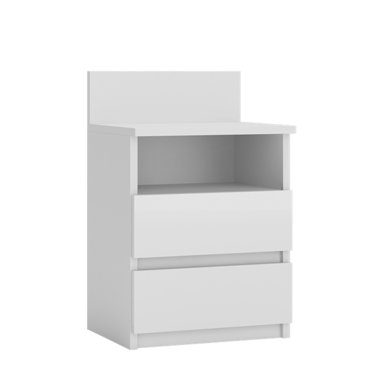 Stilinga balta naktinė spintelė su dviem stalčiais ir lentyna