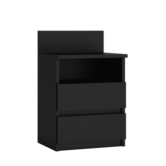 Stilinga juoda naktinė spintelė su dviem stalčiais ir lentyna