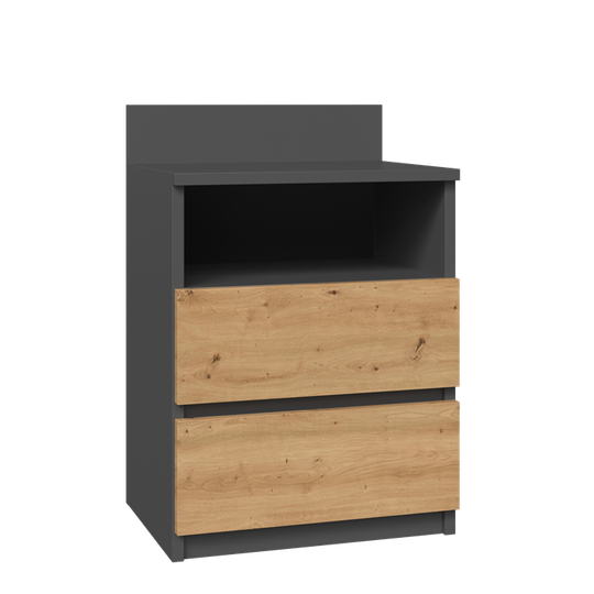 Stilinga juoda/natūrali naktinė spintelė su dviem stalčiais