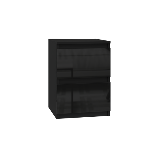 Blizgi juoda dviejų stalčių naktinė spintelė