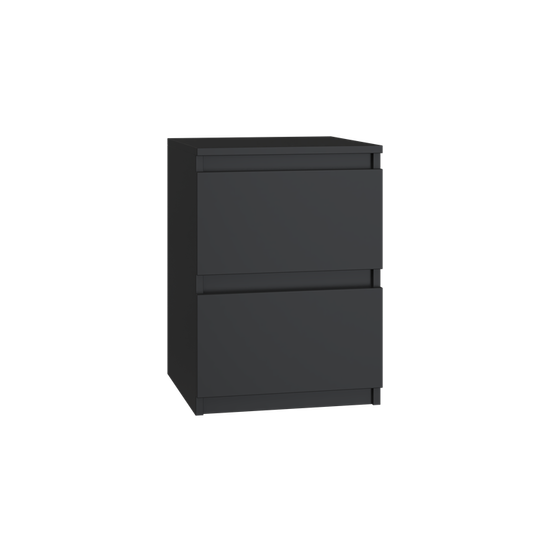 Kompaktiška juoda naktinė spintelė su dviem stalčiais