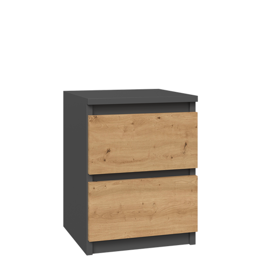 Kompaktiška juoda MDP naktinė spintelė su 2 stalčiais