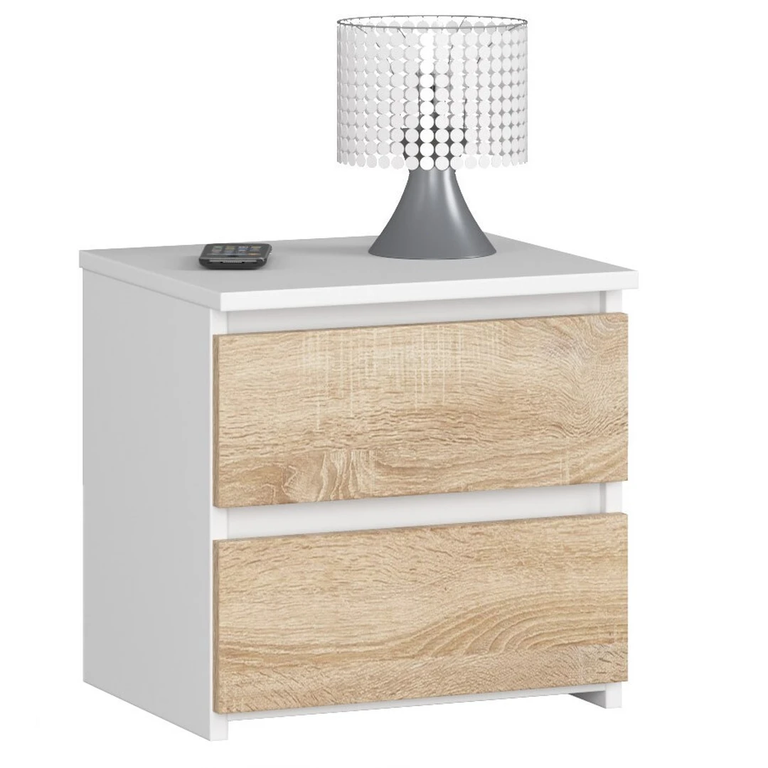 Baltas naktinis staliukas su ąžuolo spalvos fasadais CL2 40 cm