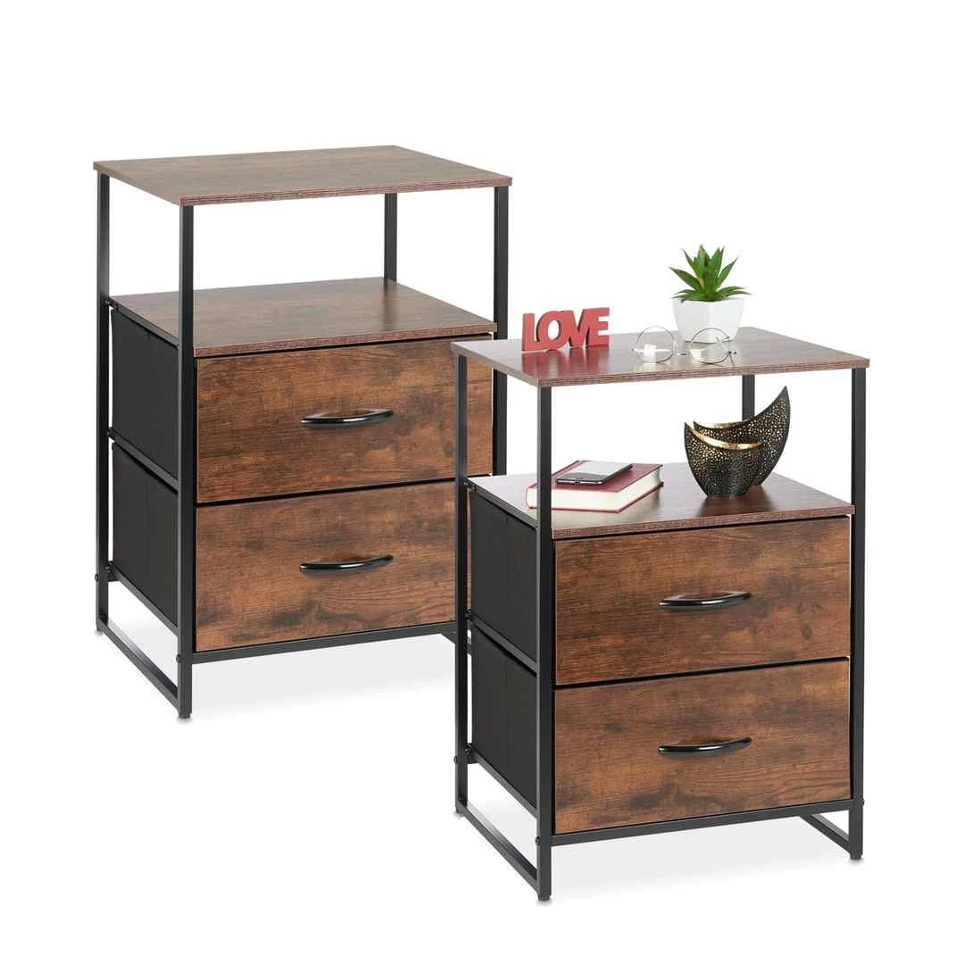 Naktiniai staliukai Relaxdays 10049970.0, 2 vnt., 2 stalčiai, Juoda/ruda, 45 × 70 × 42,5 cm - Naktinės spintelės