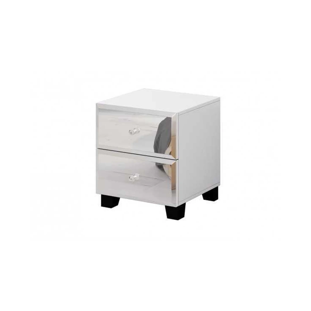 Modernus baltas naktinis staliukas su 2 stalčiais ir veidrodžiu