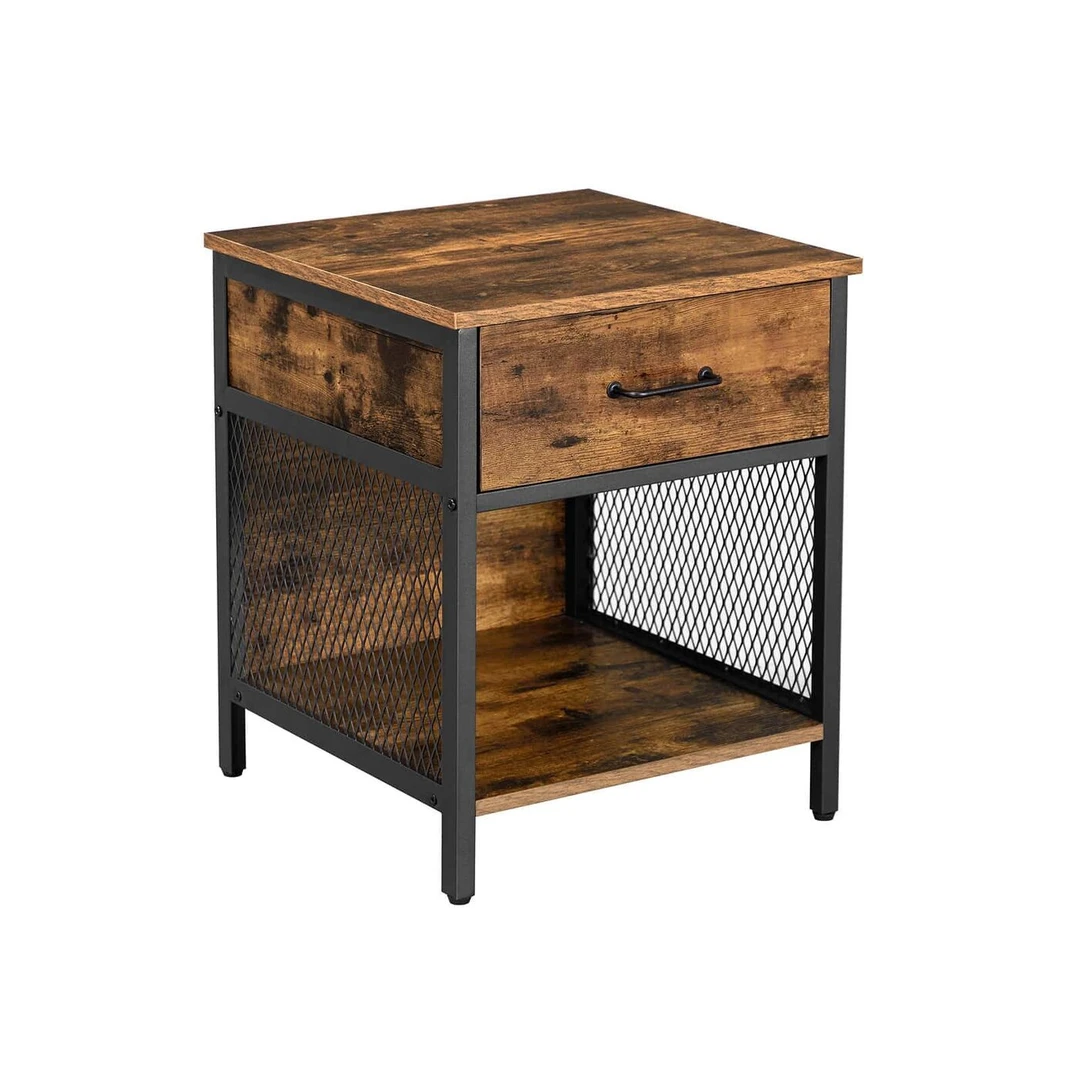 Vintažinė ruda-juoda naktinis staliukas su plieno apvada