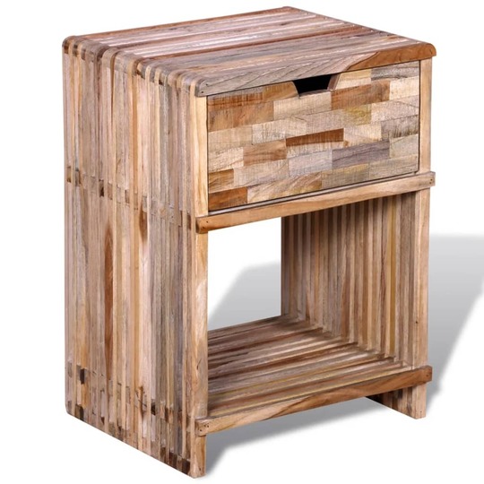 Naktinis staliukas su stalčiu, perdirbta tikmedžio mediena - Naktinės spintelės