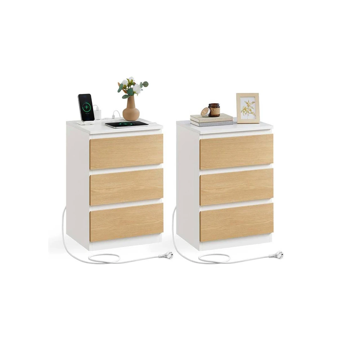 Naktinis staliukas VASAGLE, 3 stalčiai, 2 lizdai ir 2 USB prievadai, 40 × 59 × 35 cm - Naktinės spintelės