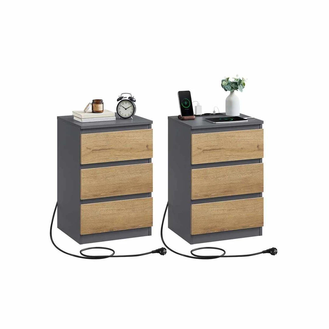 Naktinis staliukas VASAGLE, 3 stalčiai, 2 lizdai ir 2 USB prievadai, 40 × 59 × 35 cm - Naktinės spintelės