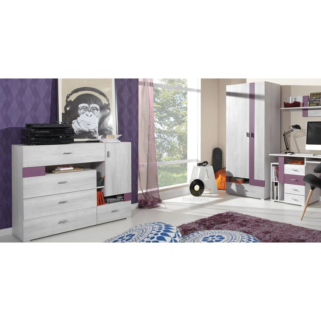 Moderni spintelė balinta pušis su violetinėmis detalėmis