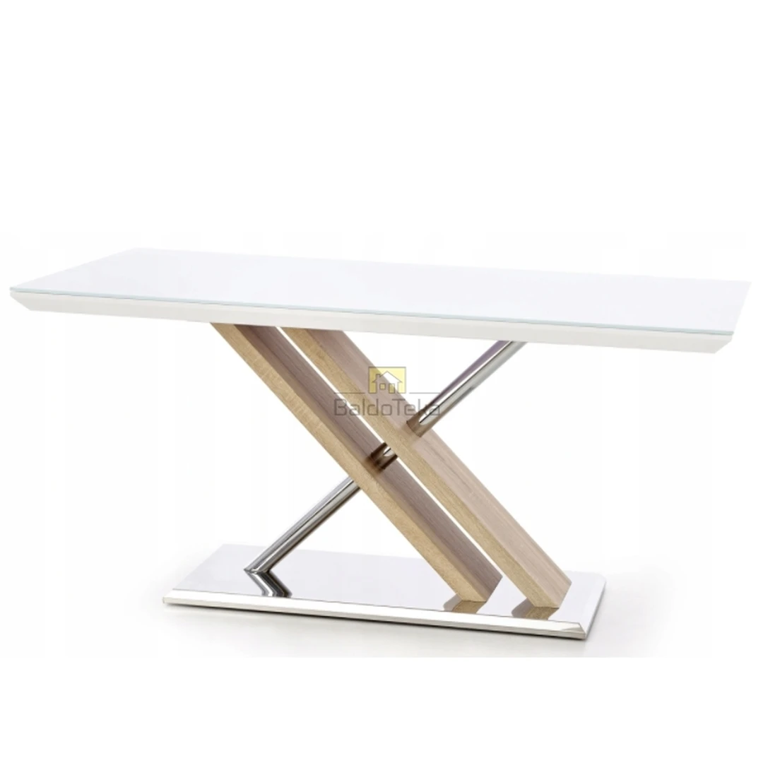 Modernus baltas ir ąžuolo sonoma stiklinis stalas su MDF ir plienu