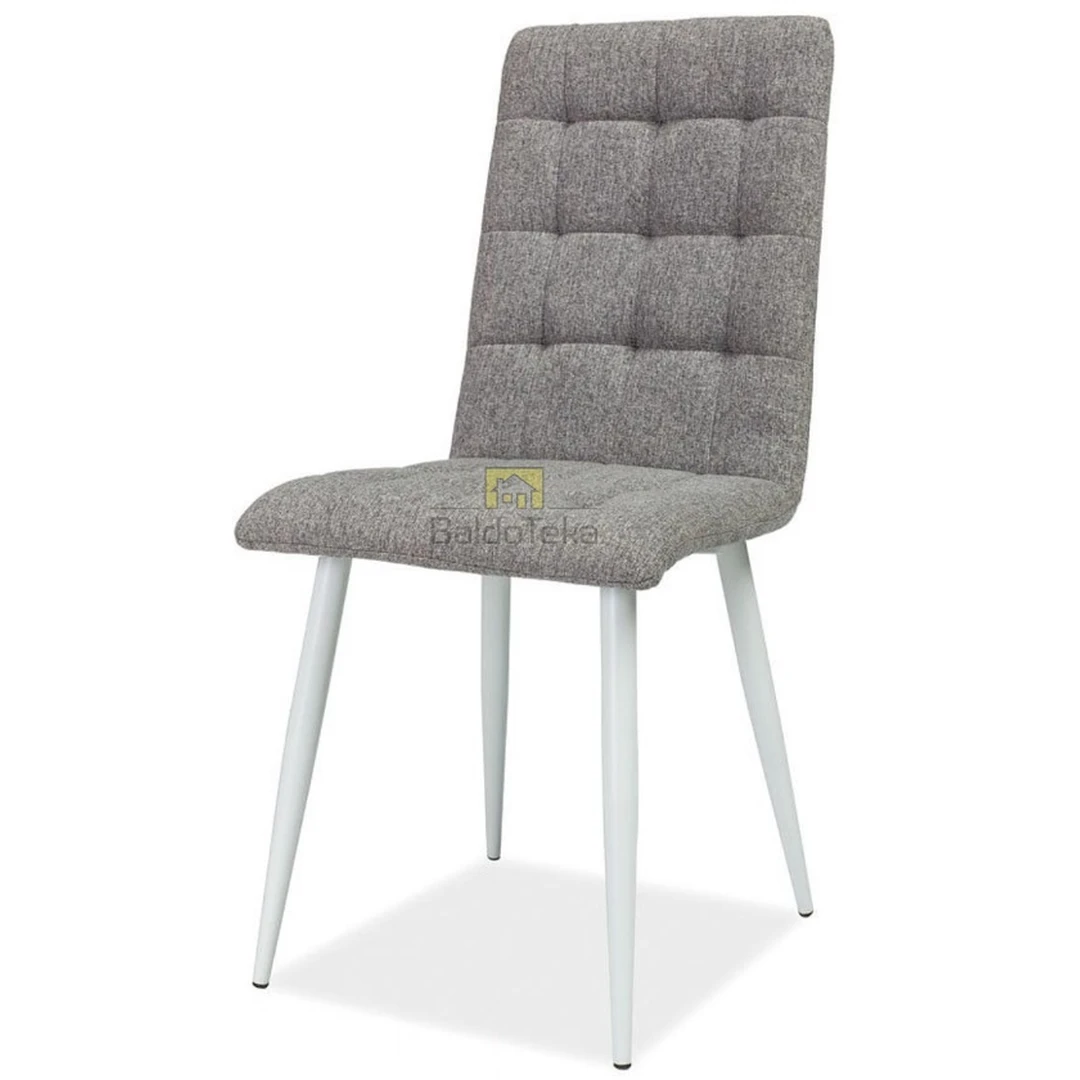 Modernus pilkas gobeleno fotelis su metaliniu karkasu