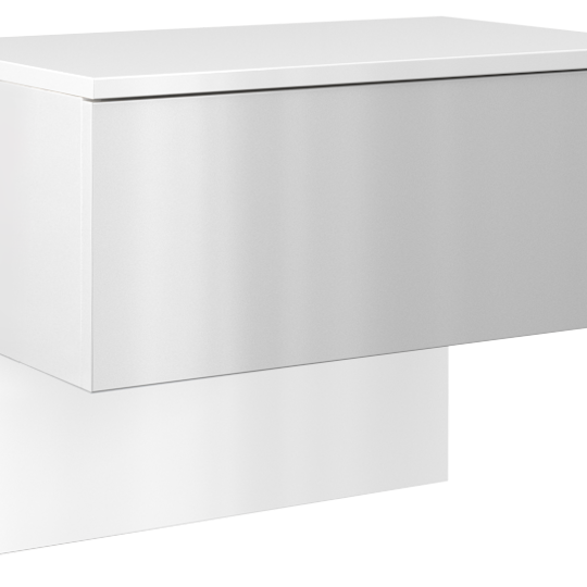 Stilinga blizgiai balta spintelė su ABS kraštais ir ritininiais bėgeliais