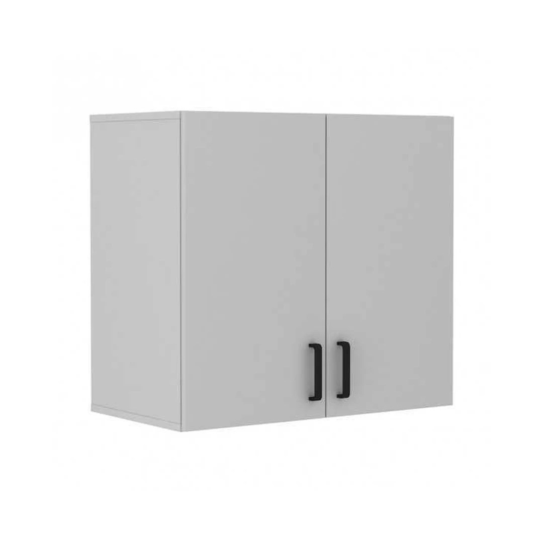 Šviesiai pilki spintos su metališkomis rankenomis