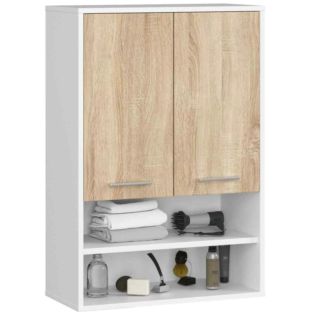 Pakabinama vonios spintelė FIN H934 W64, 2 durys, baltos/rudos spalvos, 64 × 94 × 30 cm - Vonios spintelės