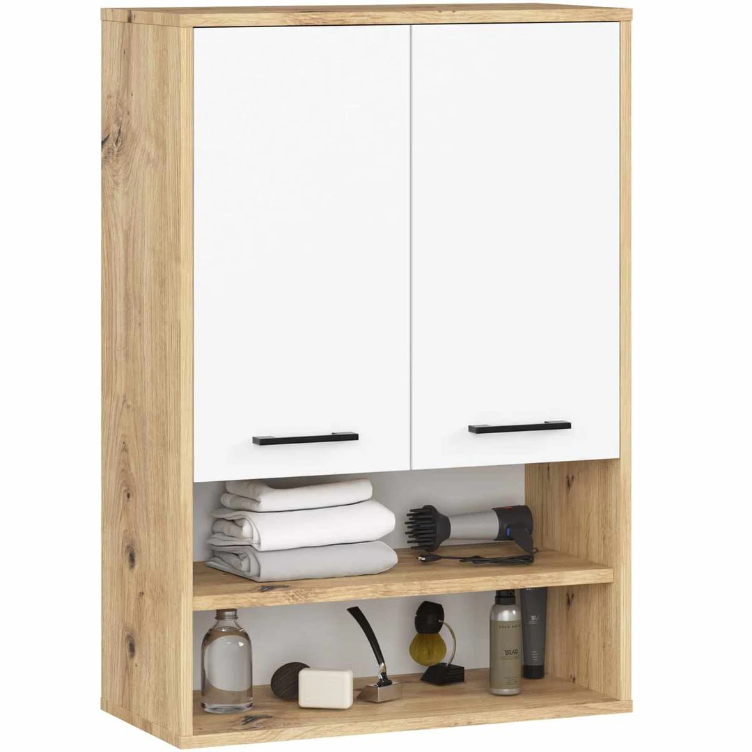 Pakabinama vonios spintelė FIN H934 W64, 2 durys, rudos/baltos spalvos, 64 × 94 × 30 cm - Vonios spintelės