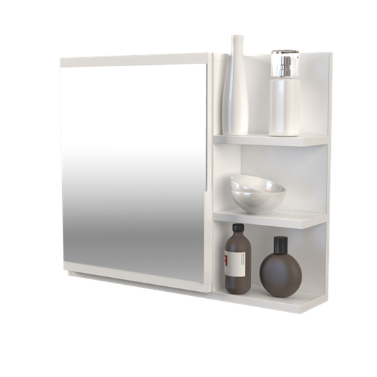 Elegantiškas veidrodis su lentynomis ir erdvia spintelė