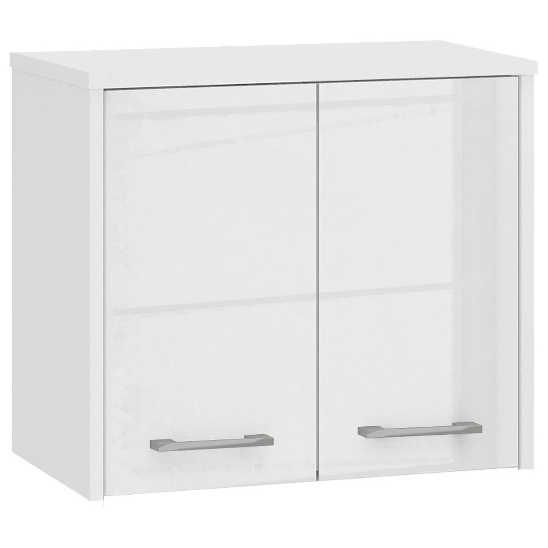 Moderni baltos spintelė su MDF akrilo fasadais ir sidabrinėmis rankenomis