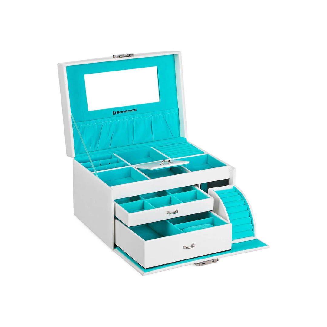 Elegantiška balta ir turkio spalvų papuošalų dėžutė su stalčiais