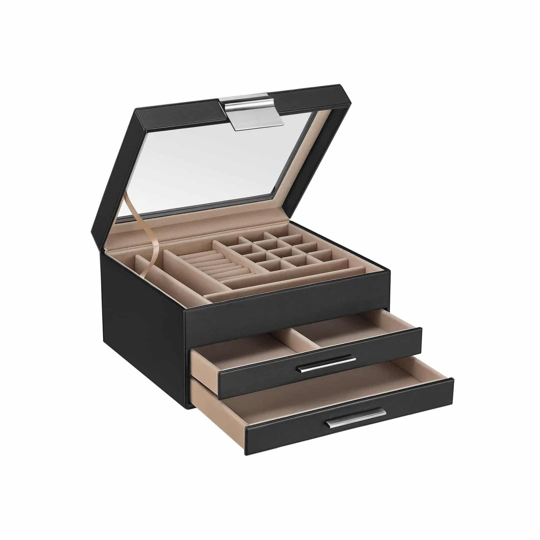 Elegantiška juoda papuošalų dėžutė su stikliniu dangteliu