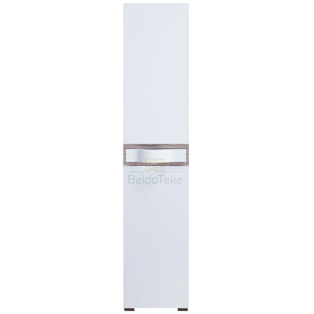 Šviesus ąžuolo spintos su tamsiais fasadais ir blizgiu baltu akcentu