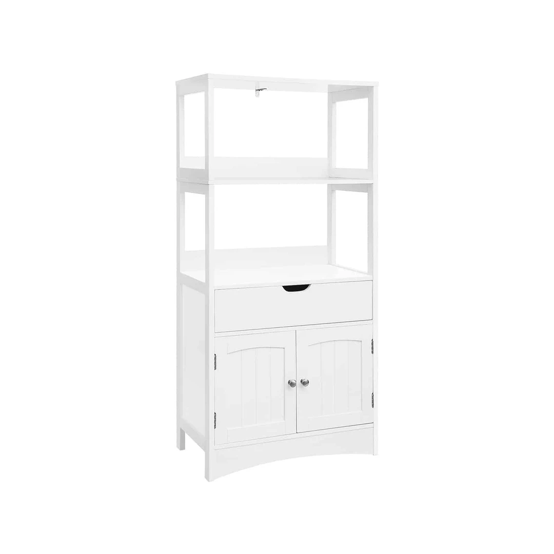 Stilinga vonios spintelė su atviromis lentynomis ir stalčiais