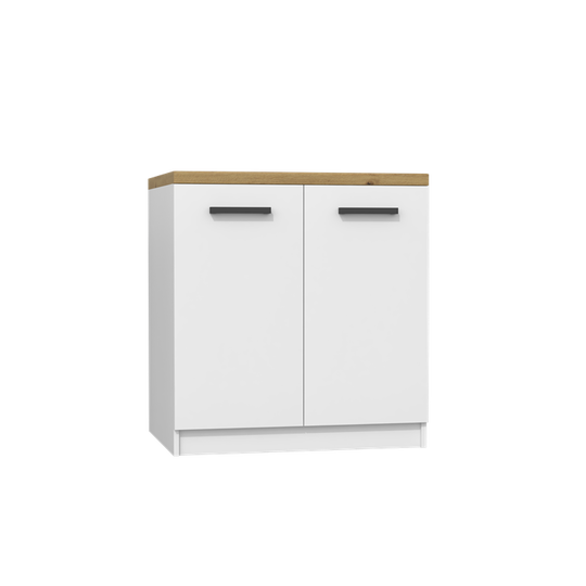 Moderni balta spintelė su rudu stalviršiu